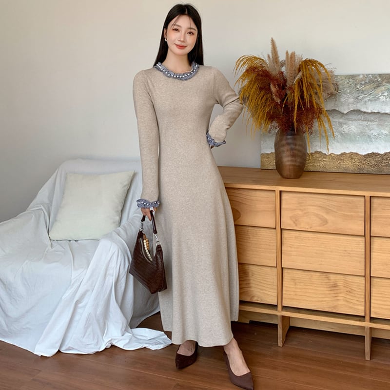 【dress】パール付きニットワンピース Q7053