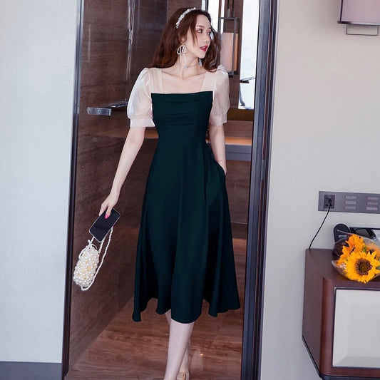 【dress】エレガント気質満点淑女スウィートスクエアネック切り替えワンピース G0180