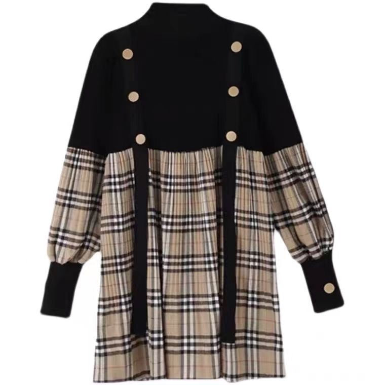 【dress】長袖切り替えチェック柄ワンピースF8136