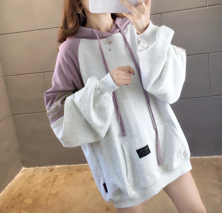 【tops】韓国ファッション長袖フード付き配色ゆったりカジュアルパーカーW0368