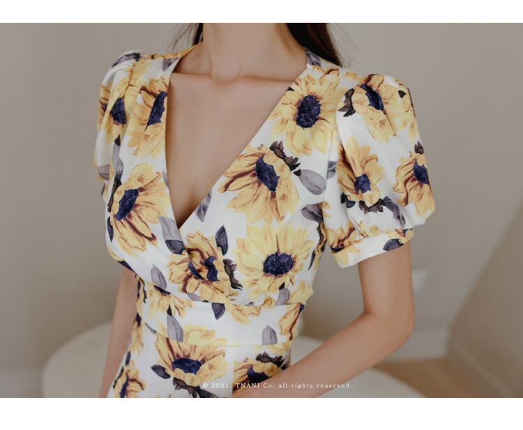 【dress】Vネック花柄パフスリーブワンピース G21005