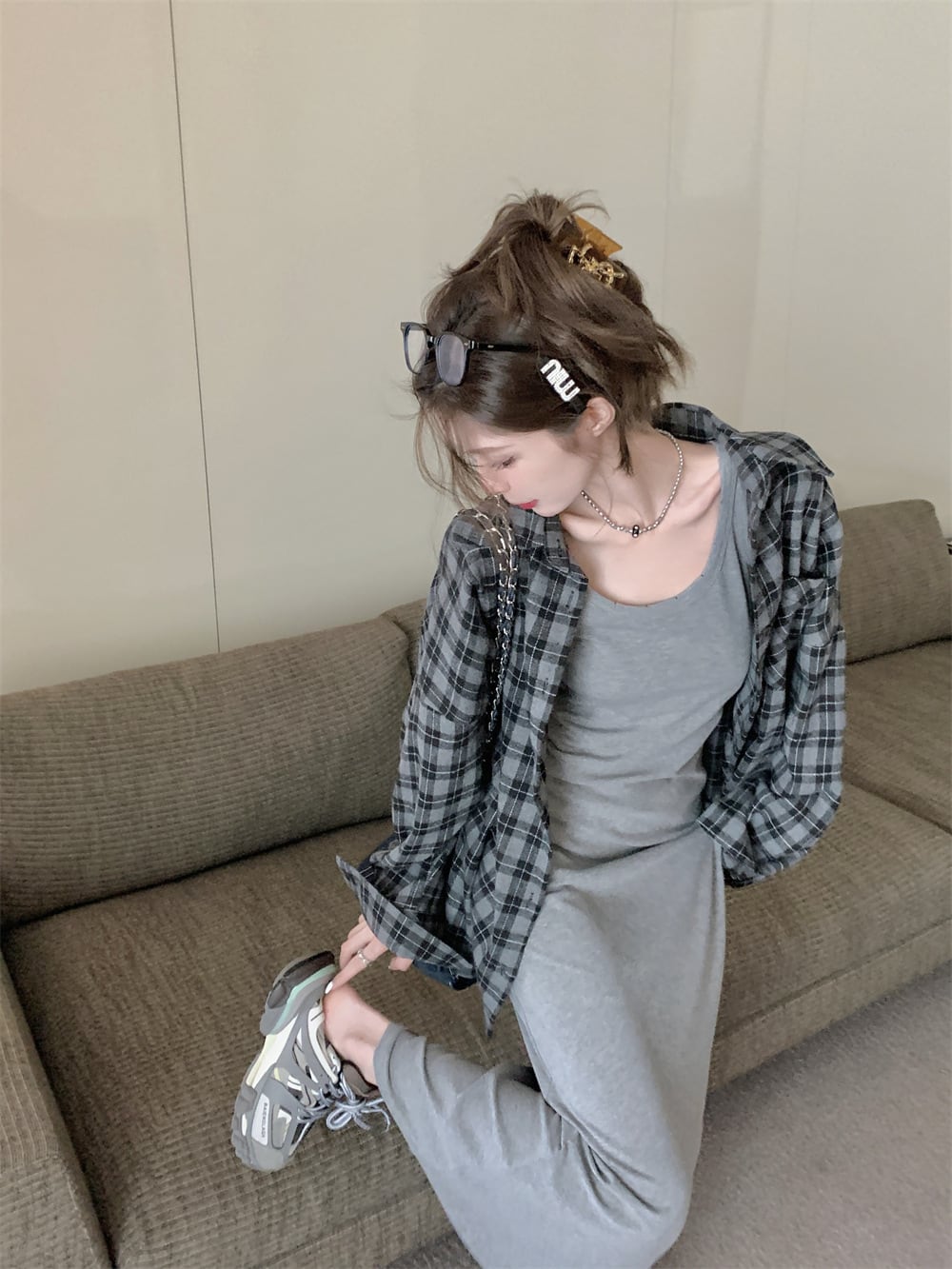 【set】チェック柄シャツ×キャミワンピースセット　M25124