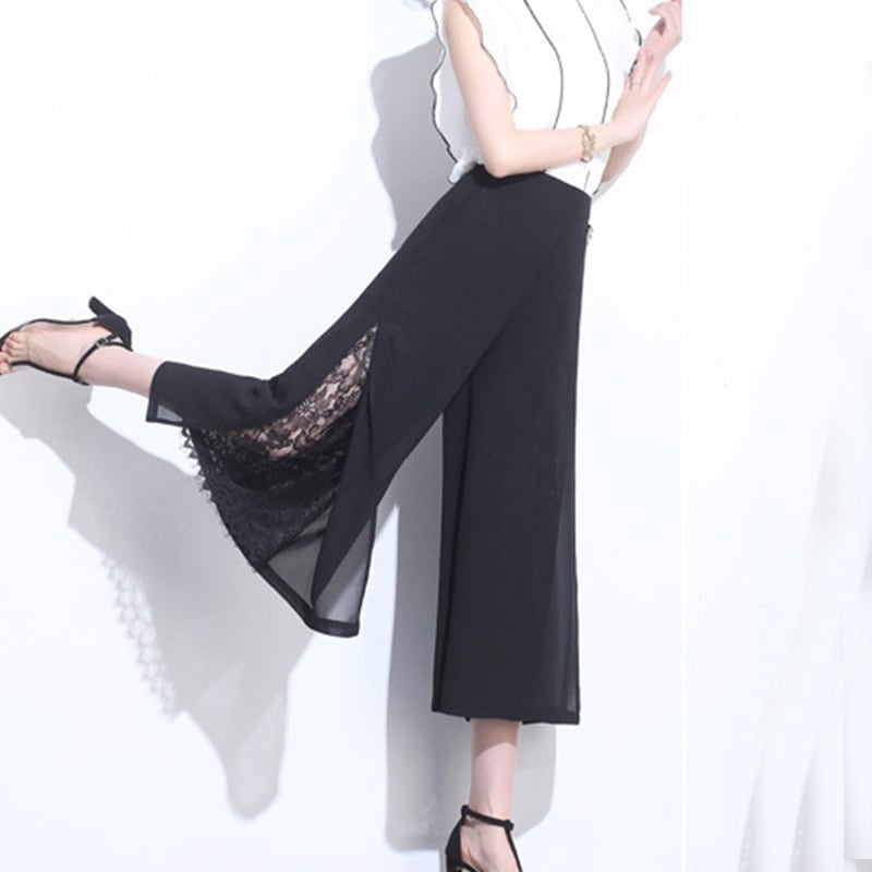 【bottoms】流行アイテム！レース切り替えシフォン合わせやすいガウチョパンツF0018