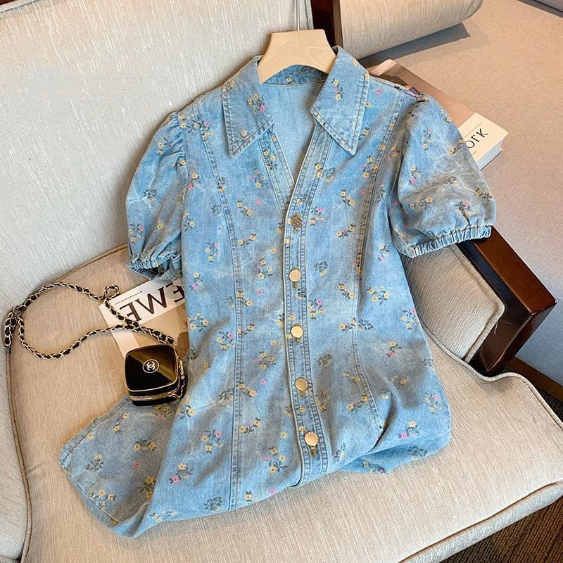 【dress】POLOネック花柄デニムワンピース G20664