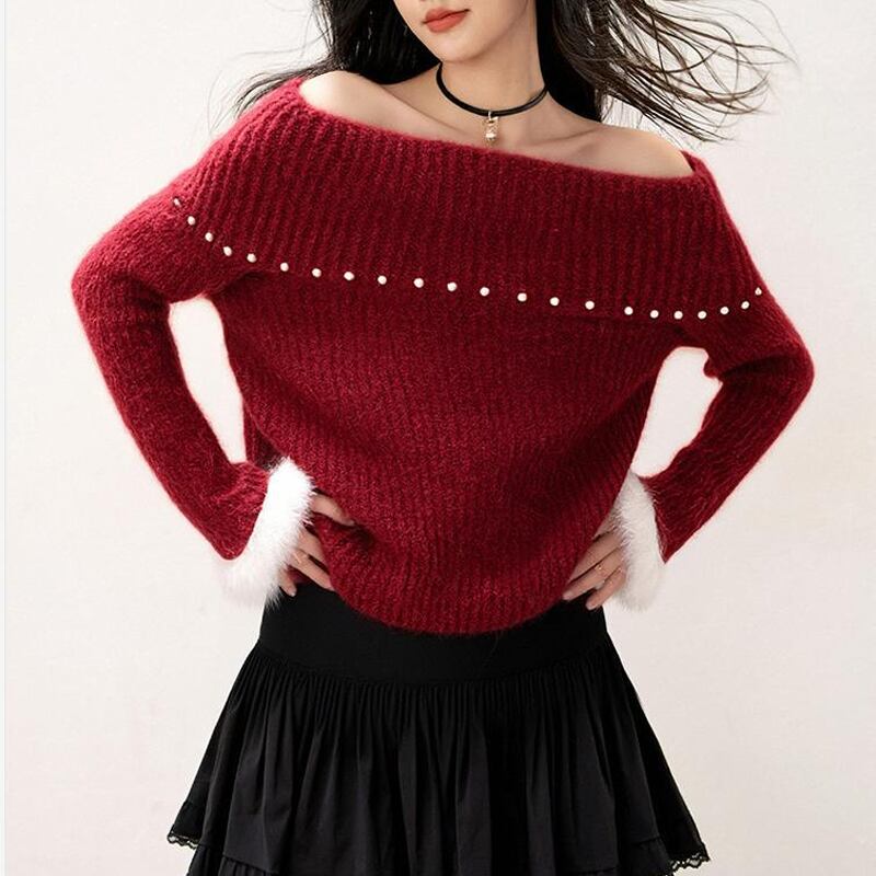 【tops】パール付きオフショルダーニットトップス Q7669