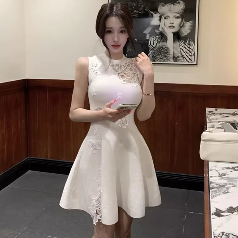 【dress】ノースリーブレースドッキングフレアニットワンピース Q7795