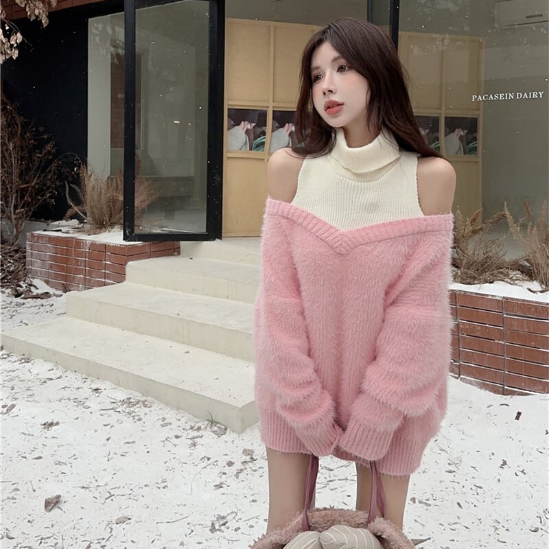 【tops】オフショルダー切り替えニットセーター　M27533