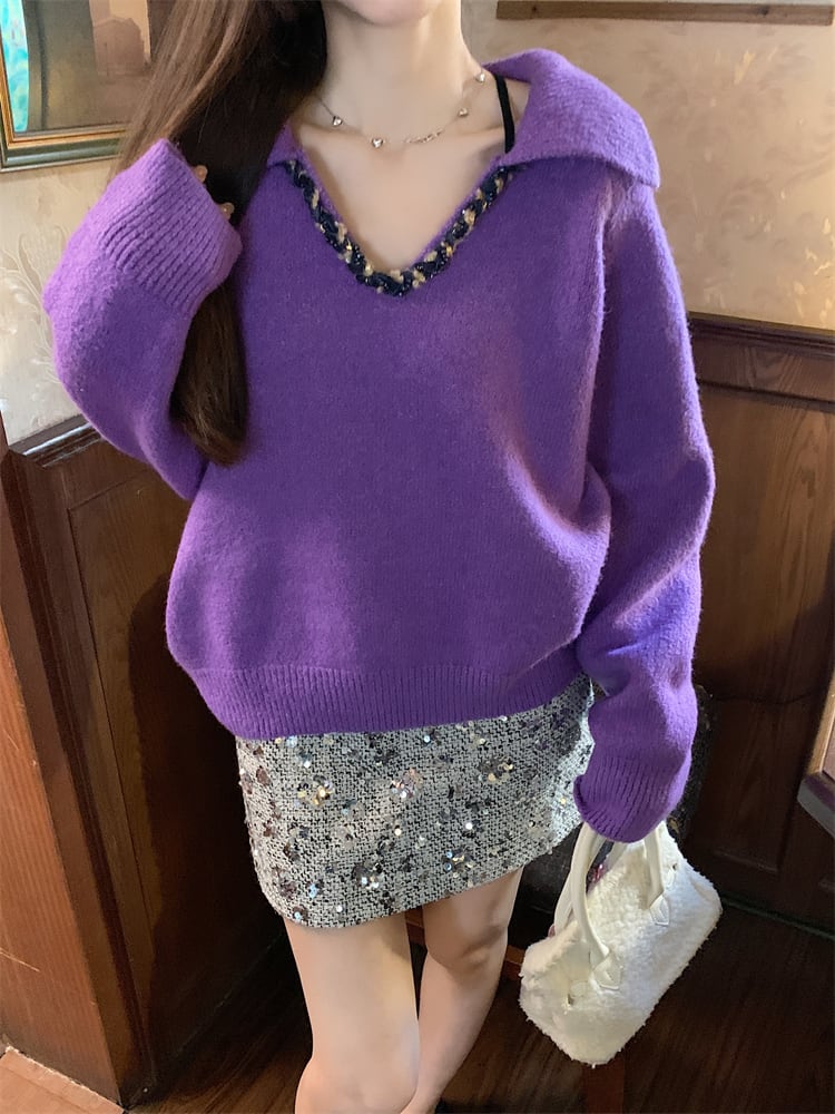 【set】Ⅴネックニットトップス×スパンコールスカートセット　M28146