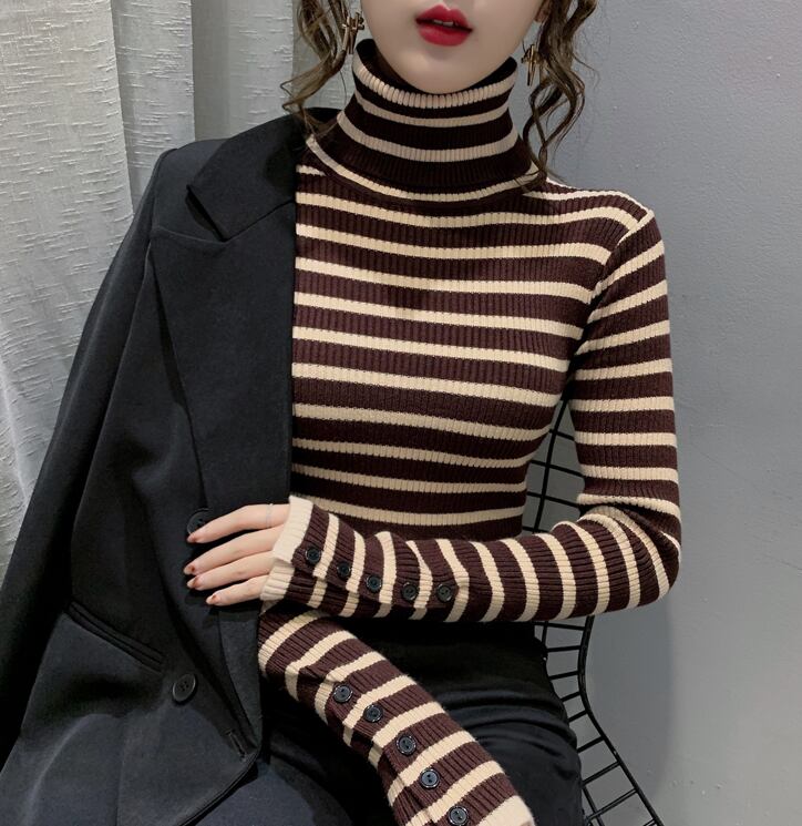 【tops】一目惚れ！4色ハイネック長袖体型カバーボーダー柄ファッションニットセーターF1046