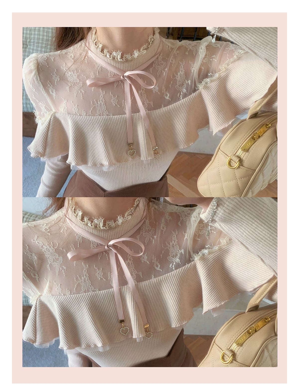 【set】レースフリルニットトップス×ロングスカートセット N3477