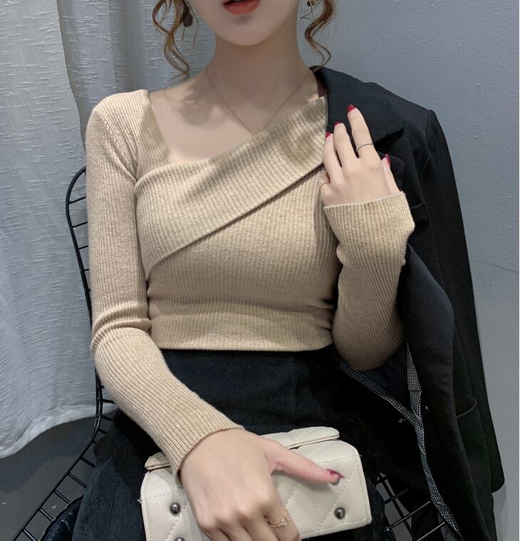 【tops】早い者勝ち! 長袖オブリークネック韓国ファッション着回しゆったりニットセーターW0782