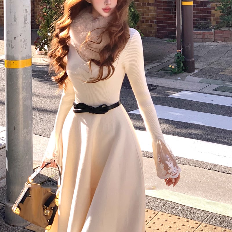 【dress】ベルト付きフレアロングニットワンピース Q7824