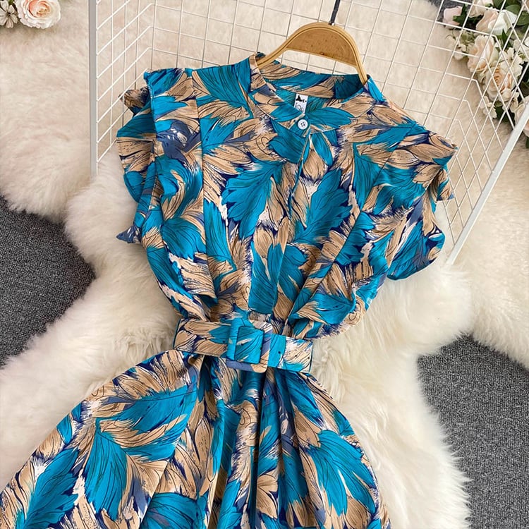 【dress】オシャレ度満点〜夏新作海旅行4色バンドカラー花柄配色シフォンワンピースF5110