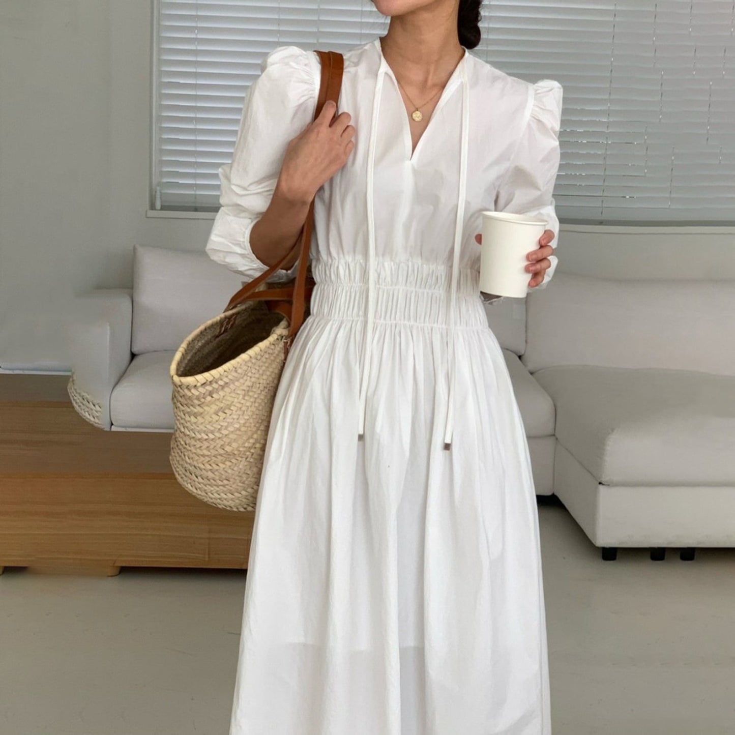 【dress】パフスリーブウエストギャザーワンピース　N2974