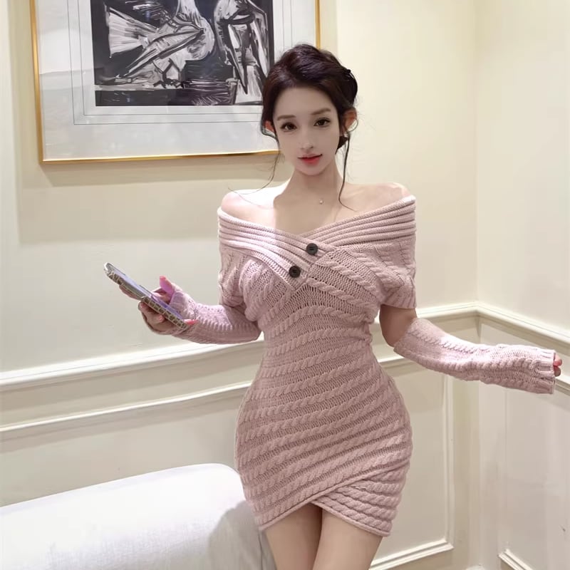 【dress】アームウォーマ付きクロスネックニットワンピース Q7850