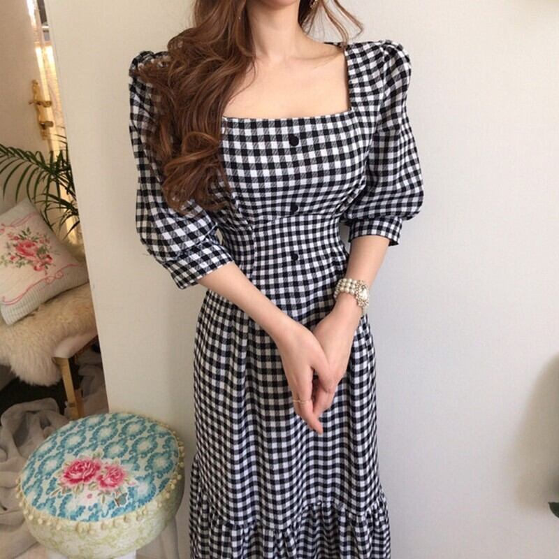 【dress】優しい雰囲気気質満点レトロスクエアネック着痩せ5分袖チェック柄ワンピース G1641