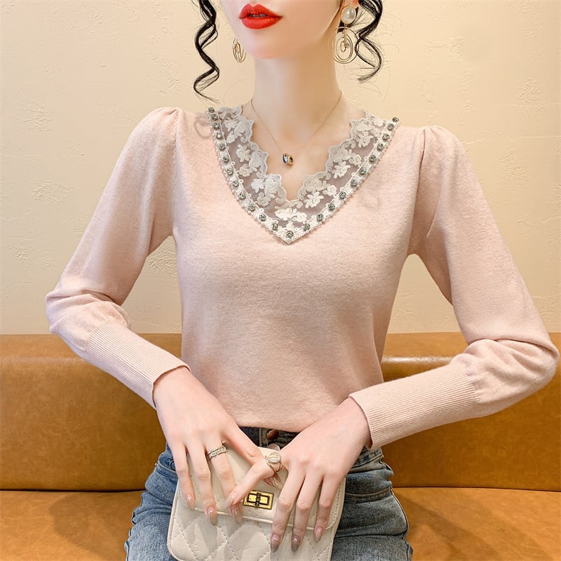 【tops】Vネックレース切り替えニットトップス　M28260