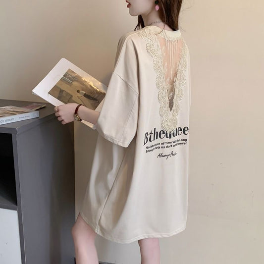 【tops】2色レース半袖切り替えTシャツF7896