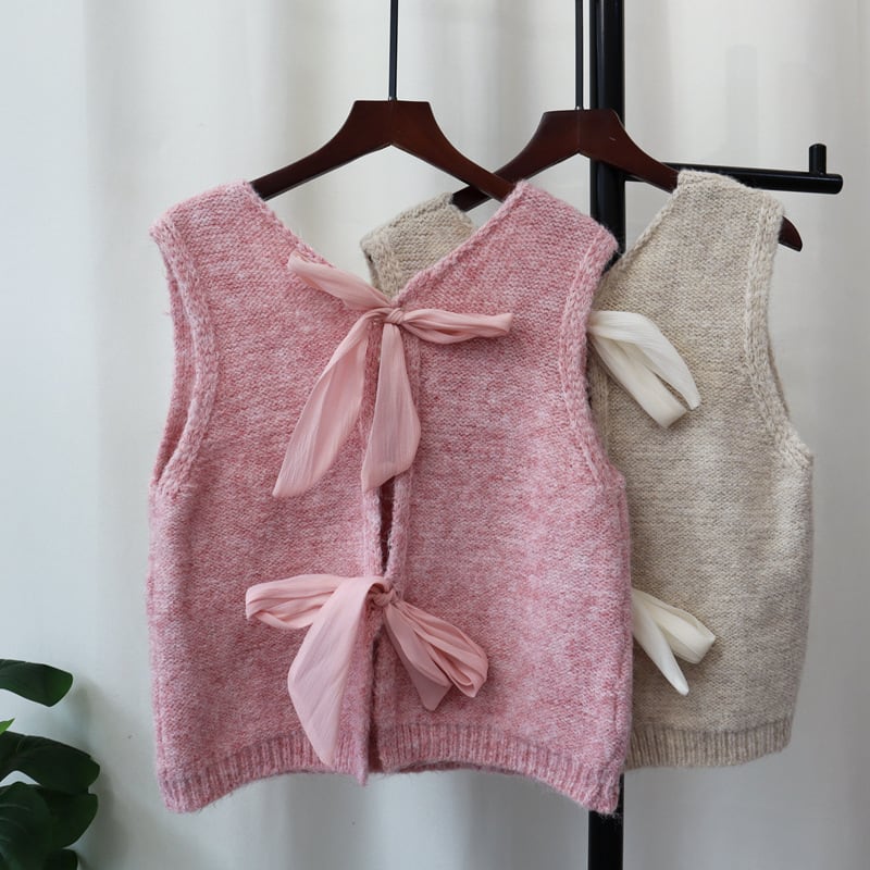【tops】リボン付きニットベスト　M26163