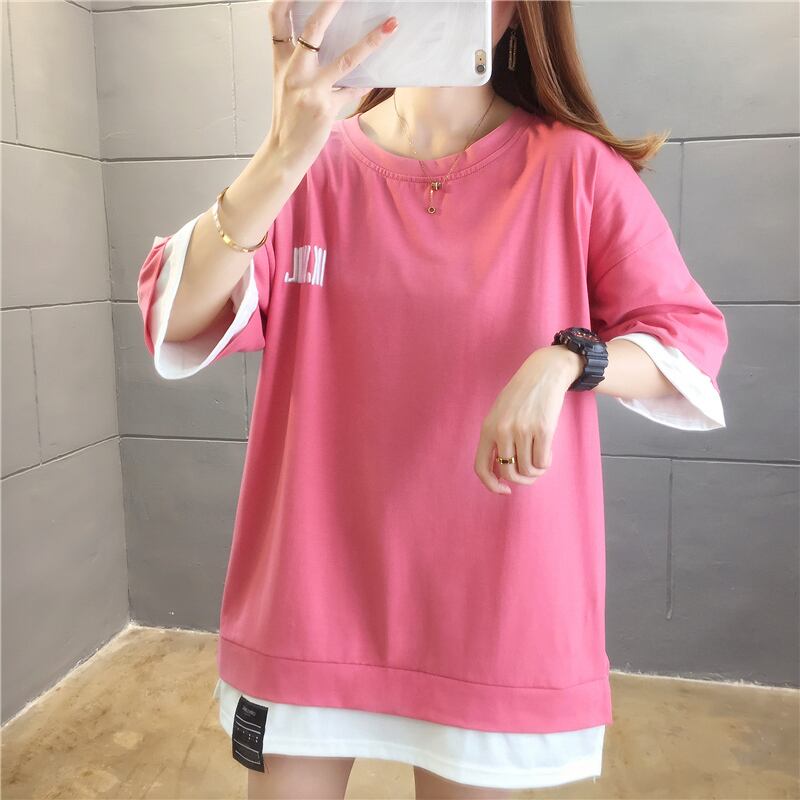 【tops】ラウンドネック半袖カジュアル偽二つ切り替え配色着まわしTシャツ