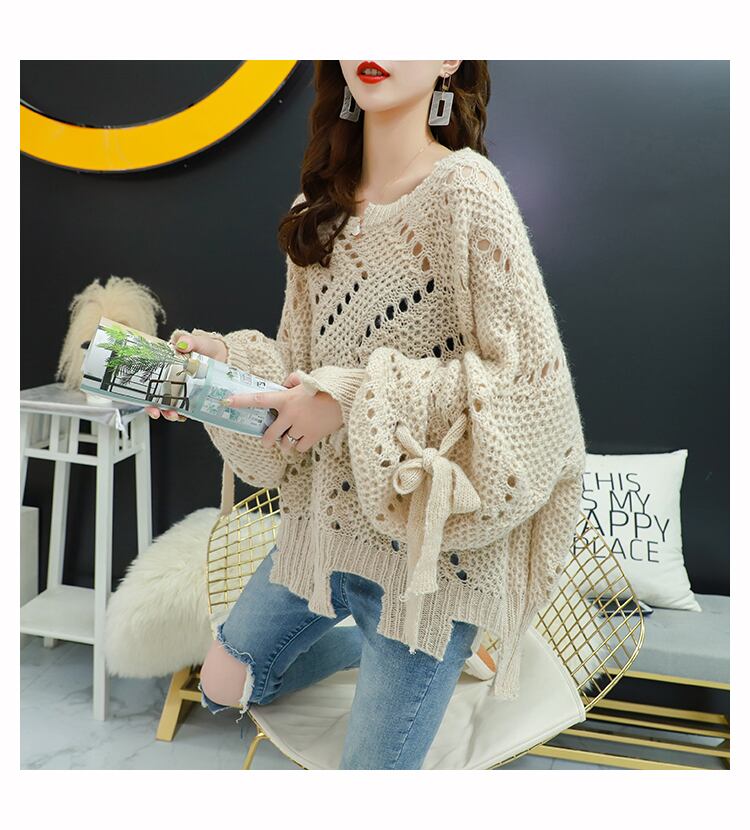 【tops】韓国ファッション3色ラウンドネック長袖透かし彫り薄手ニットセーターF0634