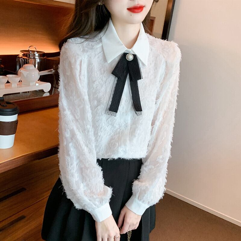 【tops】リボン付きレースシャツトップス　M18686