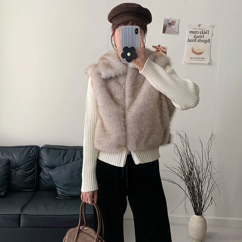 【outer】ファー付きフェイクレイヤードニットカーディガン Q7568
