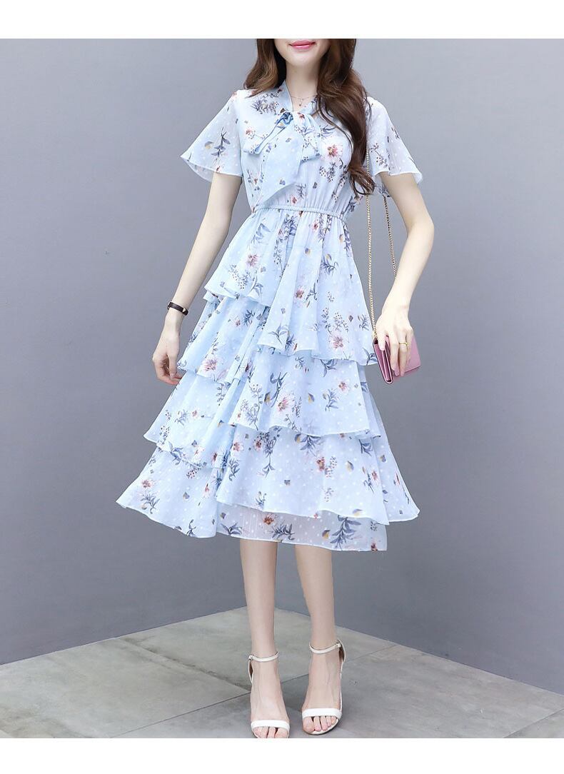 【dress】清新スウィート〜タイカラーフレアスリーブ韓国風ギャザー花柄ワンピースF0296