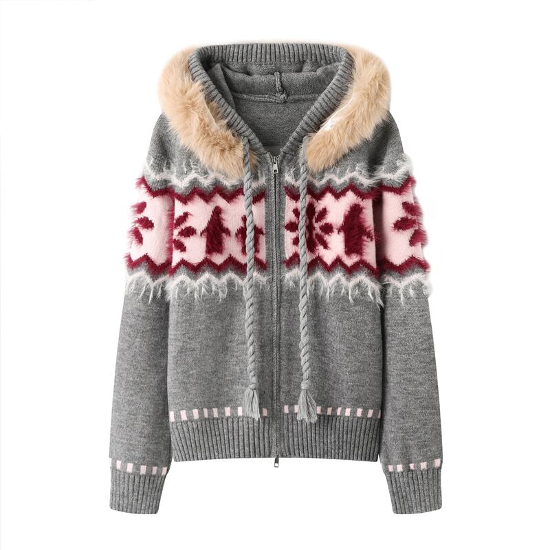 【outer】ファー付きニットカーディガン Q7129
