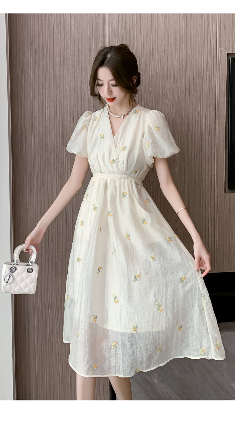 【dress】Vネック花柄パフスリーブワンピース G21582