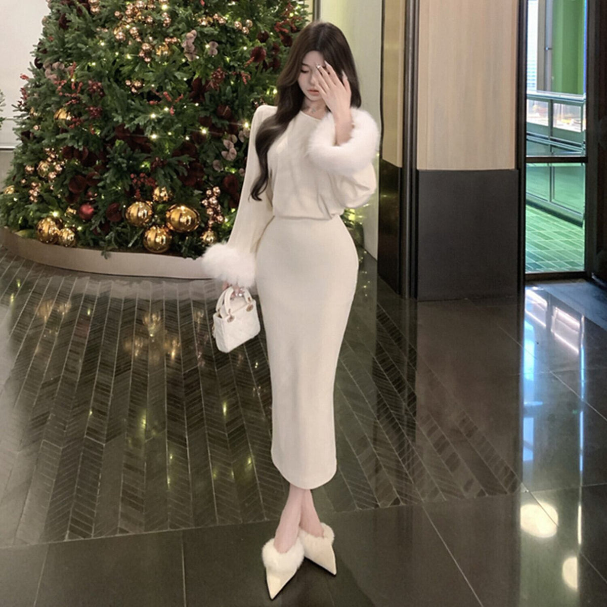 【dress】袖ファーニットワンピース　N2950