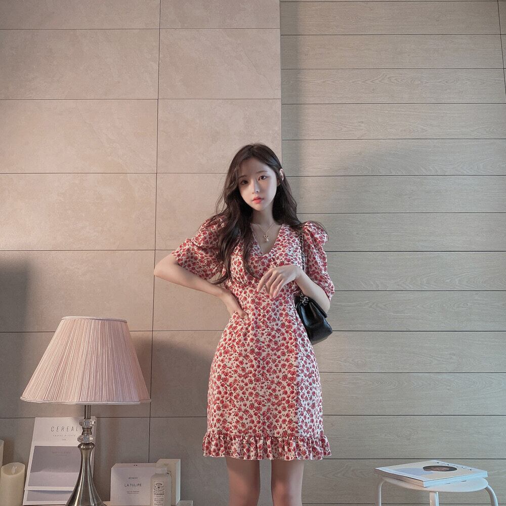 【dress】美人度アップ!気質満点スウィートVネックパフスリーブシフォン花柄ワンピース