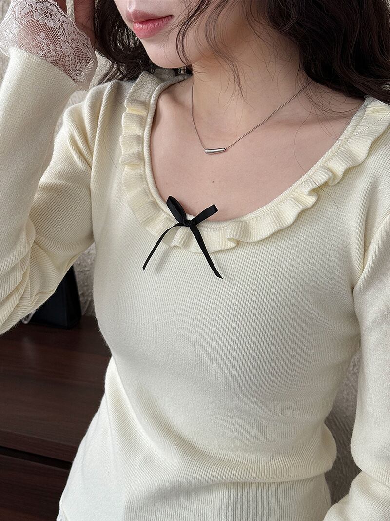 【tops】レースドッキングフレアニットトップス Q7312