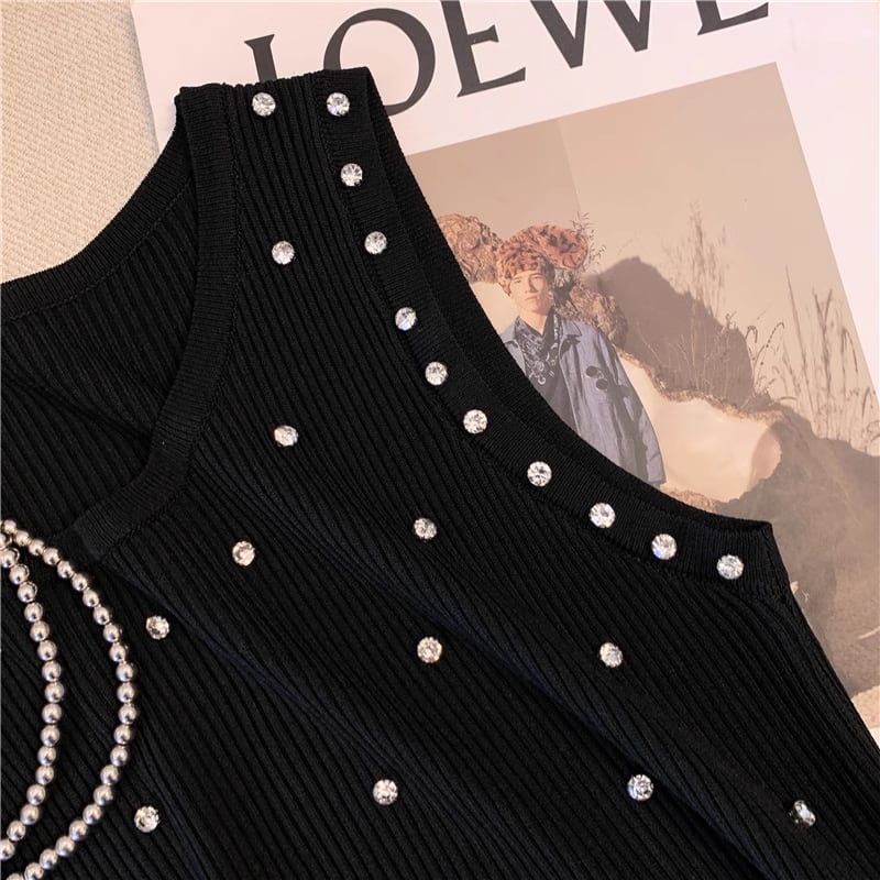 【tops】ラウンドネックノースリーブ無地フリンジ着回しニットタンクトップF5265