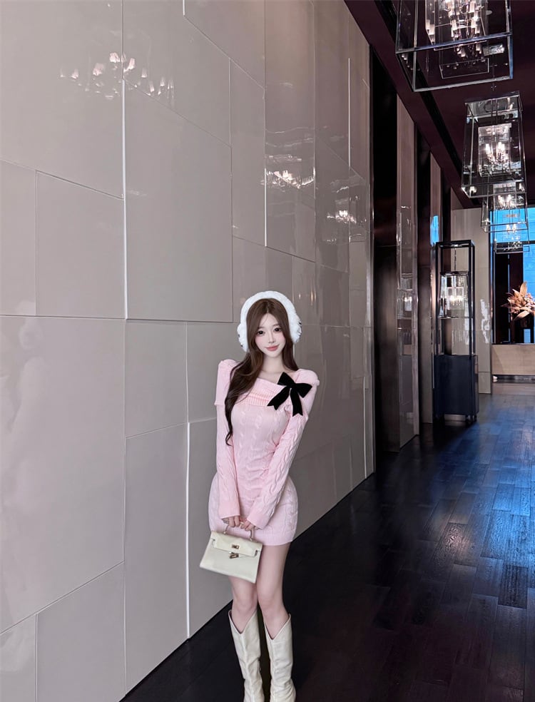 【dress】リボン付きスクエアネックニットワンピース Q7461