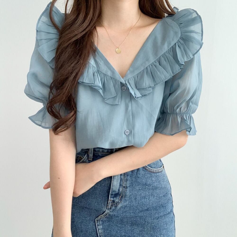 【tops】美人度アップ!韓国系夏スウィートパフスリーブ洋気フリル シフォンシャツ G0950