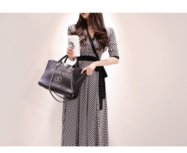 【dress】気質満点レトロ着痩せスリットプリントVネックワンピース