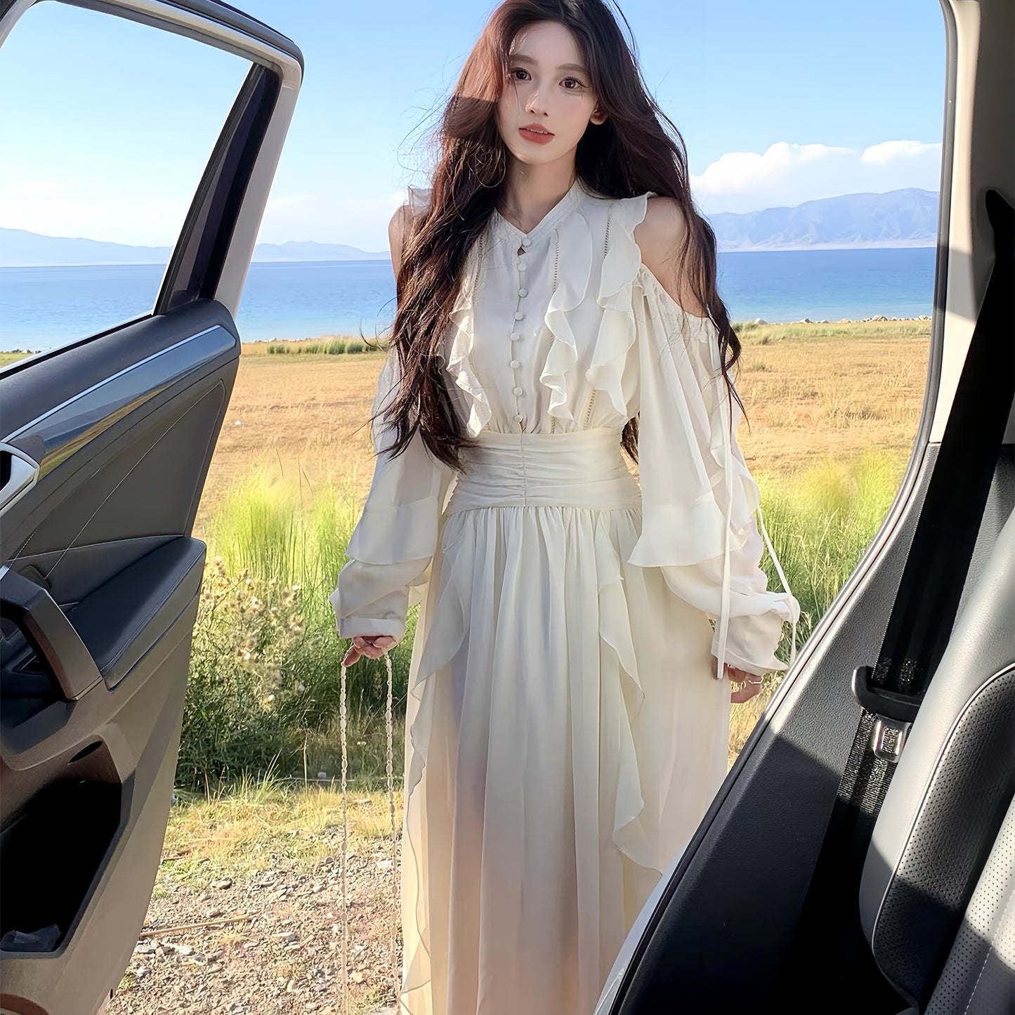 【dress】オフショルフリルロングワンピース　N3284