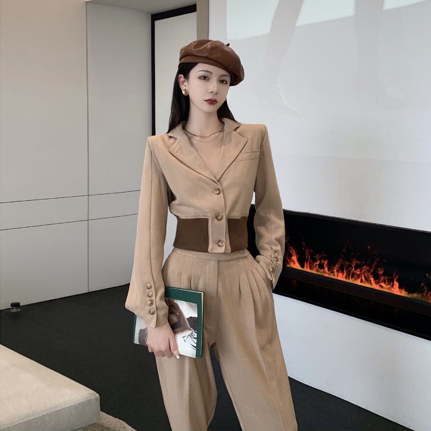 【set】絶対欲しい!気質満点レトロシンプル長袖アウター+ハイウエストパンツ２点セット G3989