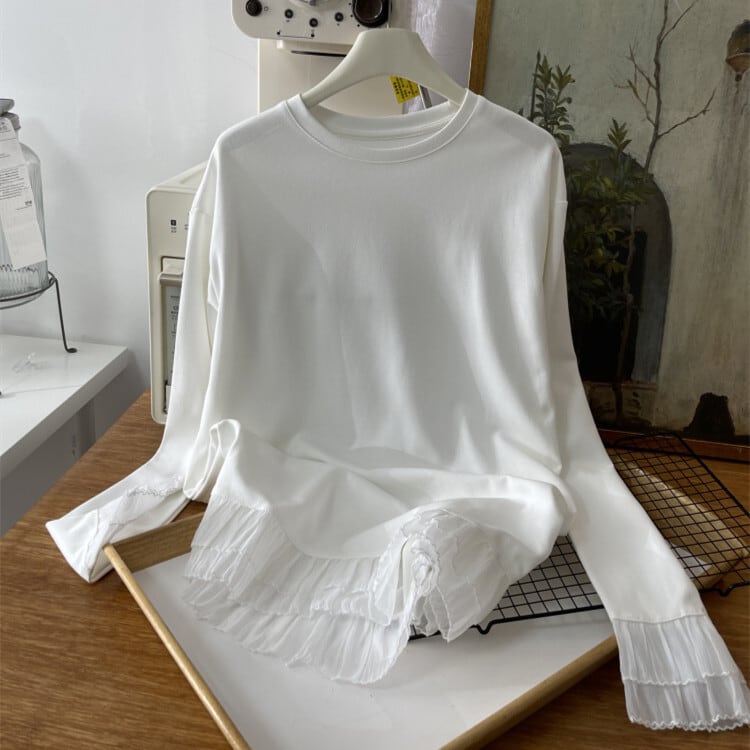 【tops】レース切り替え長袖Tシャツ　M29883