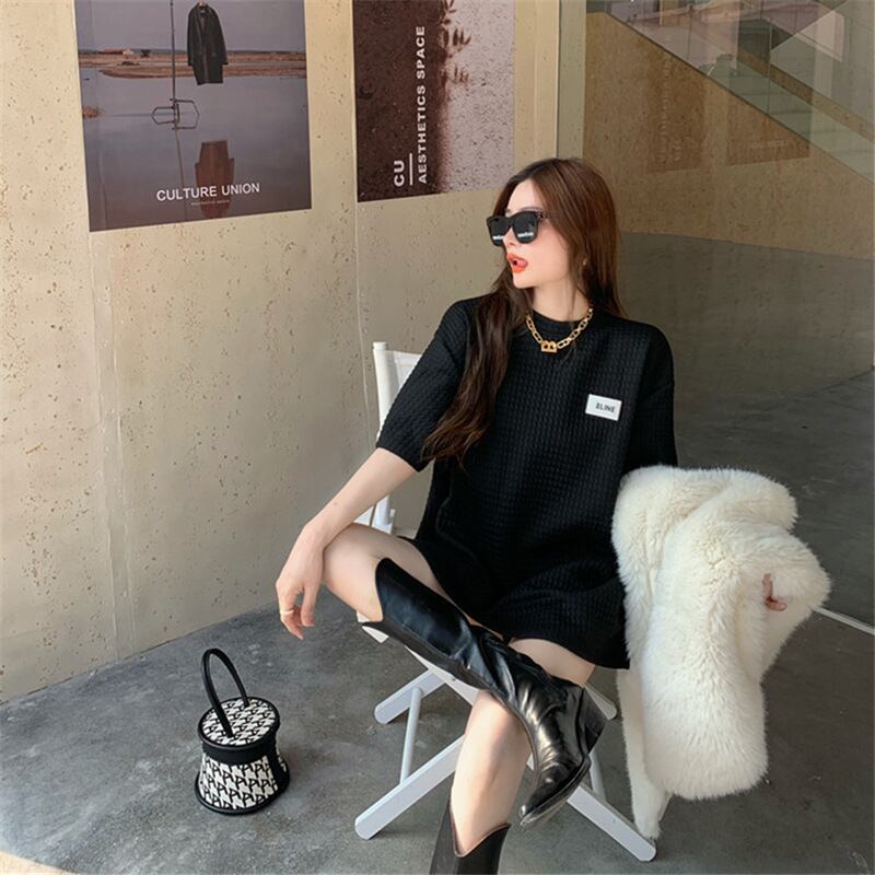 【tops】韓国ファッションINS風2色ラウンドネック半袖ゆったり着回しTシャツF0379