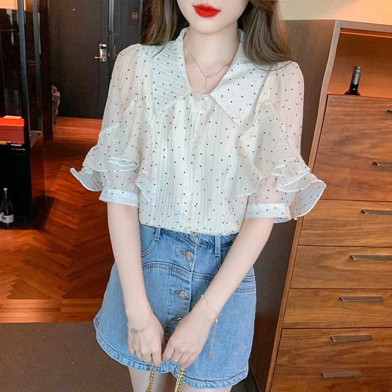 【tops】パフスリーブドット柄ブラウスG21556