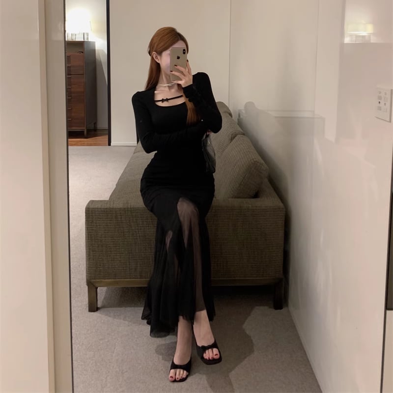 【dress】チュールドッキングロングワンピース Q7017