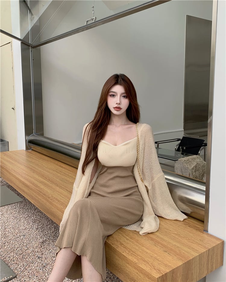 【set】好感度UP!気質満点セクシーカーディガン+キャミワンピースオシャレ２点セット G3383