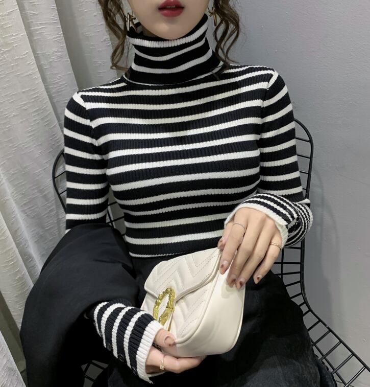 【tops】一目惚れ！4色ハイネック長袖体型カバーボーダー柄ファッションニットセーターF1046