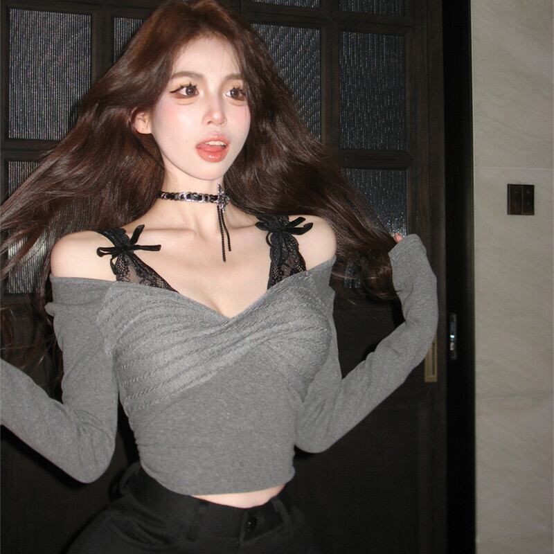 【tops】Vネックレース切り替えトップス　M27645