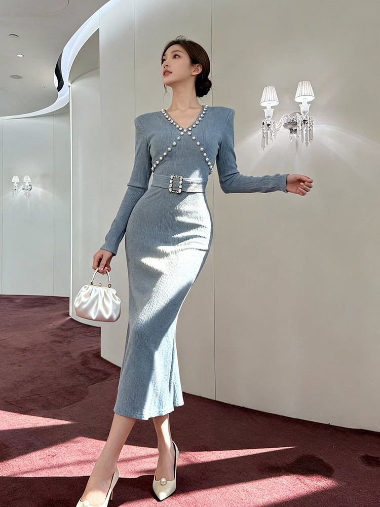 【dress】パール付きニットワンピース Q7507
