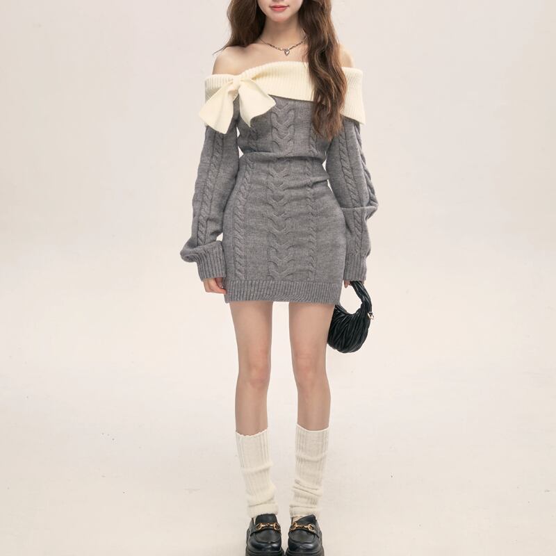 【dress】リボン付きオフショルダーニットワンピース Q7769