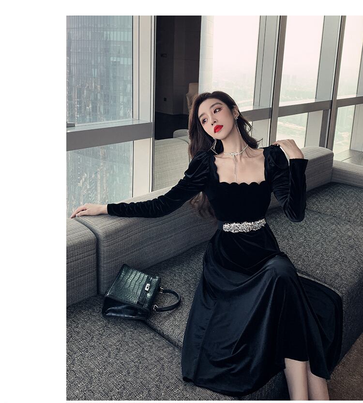 【dress】美人度アップ!気質満点ハイウエスト長袖 スクエアネックワンピース G1418