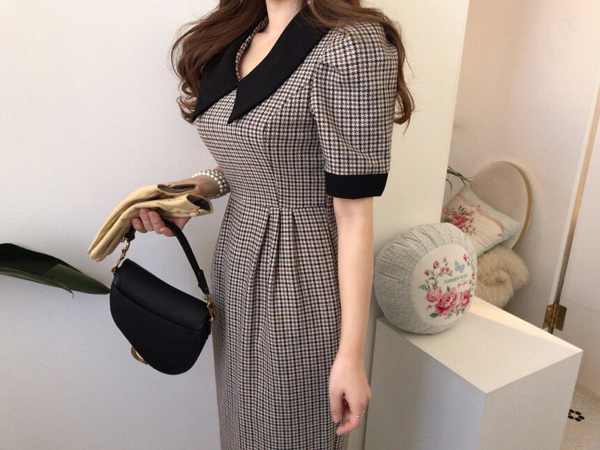【dress】韓国風好感度UP!気質満点着痩せ折り襟 エレガント千鳥格子ワンピース G0336